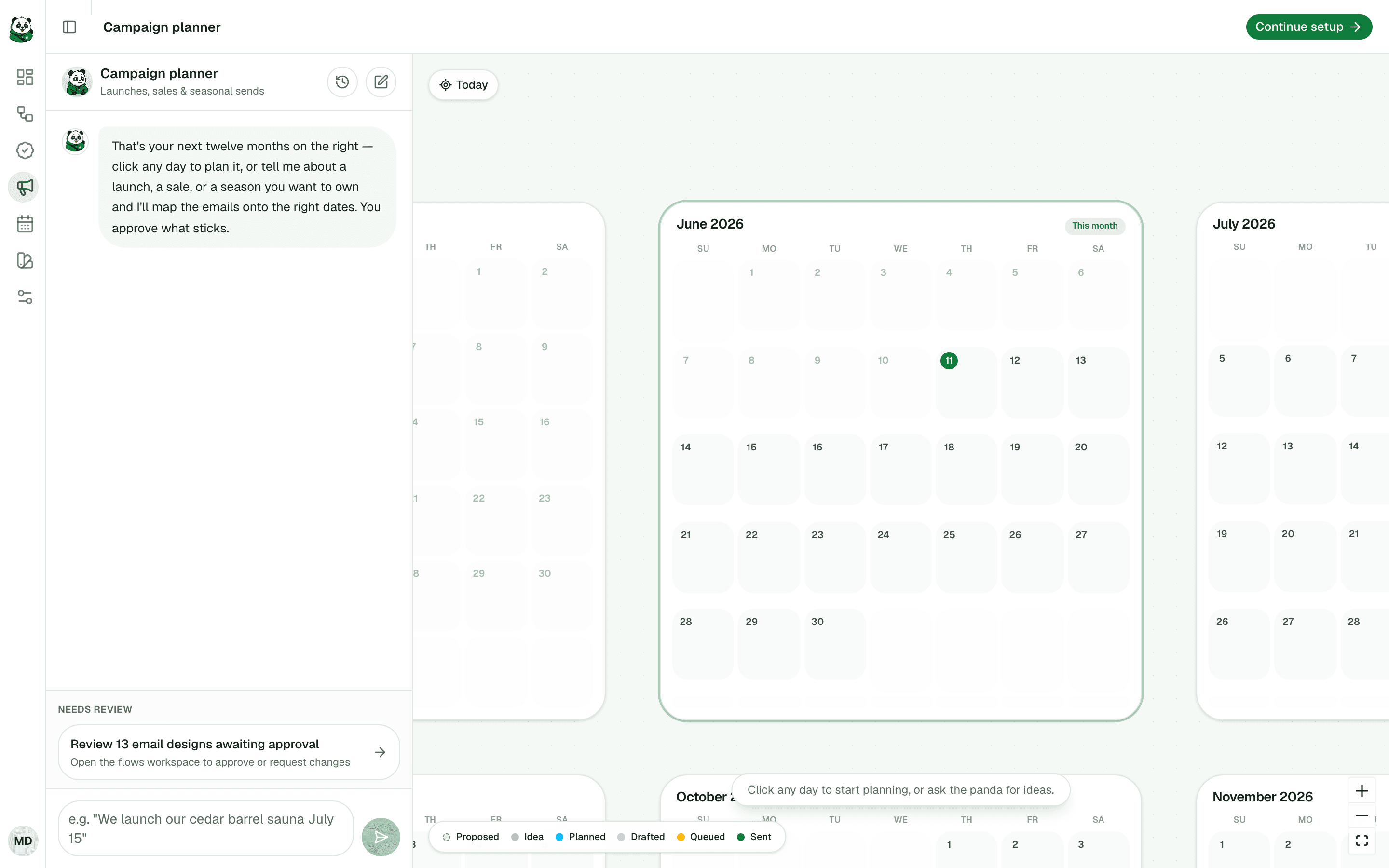 MailPanda’s campaign planner, with a chat for planning launches and a calendar for upcoming emails
